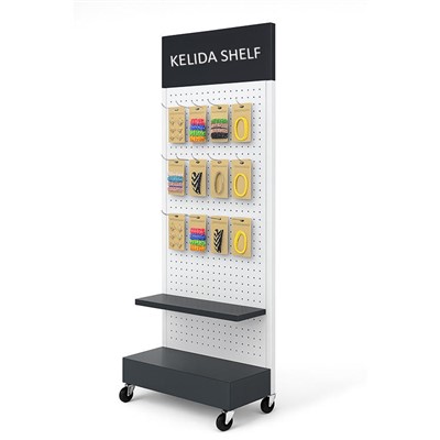 Pegboard Floor Display Rack With Hooks And Wheels